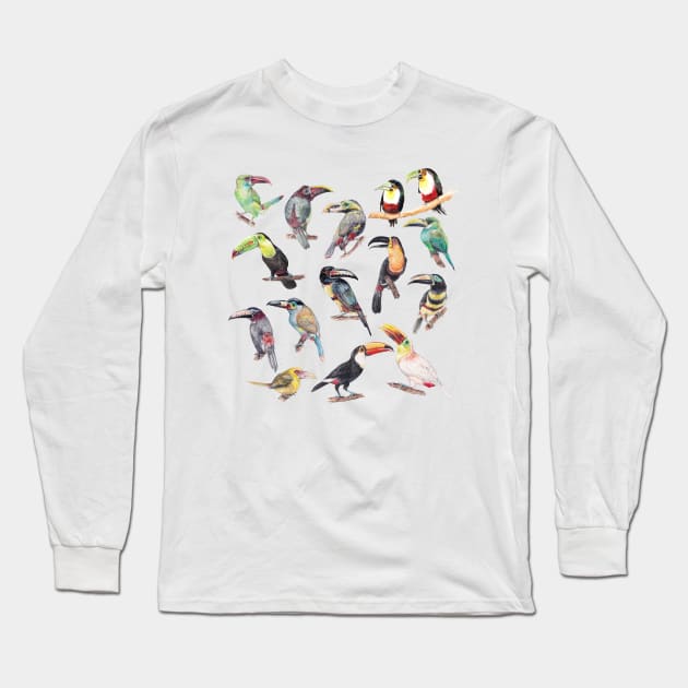 A Flock of Watercolor Toucans Long Sleeve T-Shirt by wanderinglaur